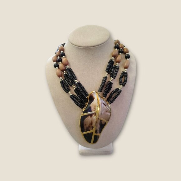 Large Mother-Of-Pearl Pendant Necklace With Black & Gold Beads Multi-Strand Desi - Picture 2 of 5
